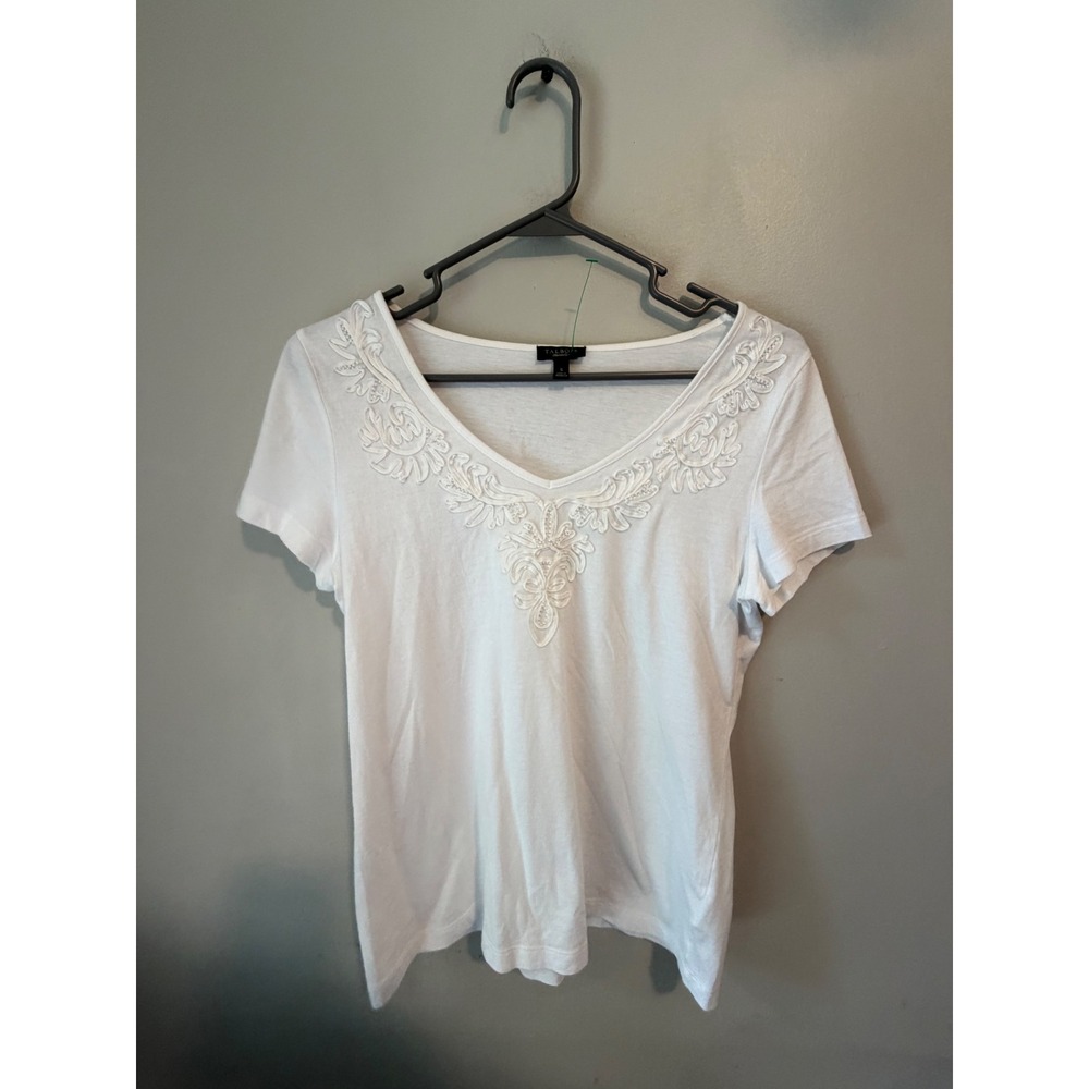 Talbots Womens White Cotton V-Neck Short Sleeve Embroidered Tee Shirt S